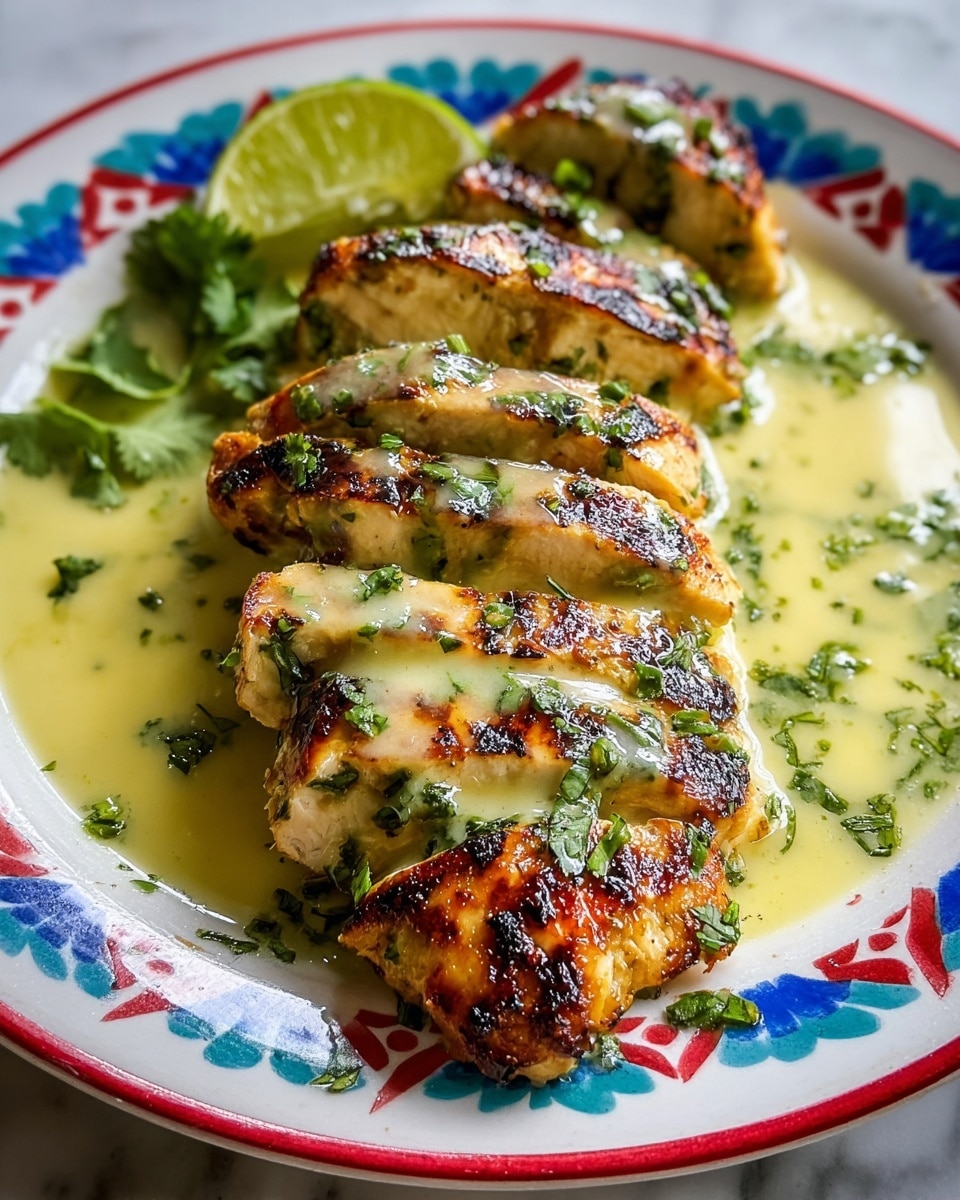 A white plate with a bright blue and red patterned rim holds five thick slices of grilled chicken breast arranged in a neat row. The chicken is golden brown with charred grill marks, covered in a light yellow creamy sauce that pools slightly around the meat, fresh green chopped herbs sprinkled on top and around the plate. At the back of the plate, a slice of lime and some leafy green cilantro add fresh color contrast. The plate sits on a white marbled surface. photo taken with an iphone --ar 4:5 --v 7