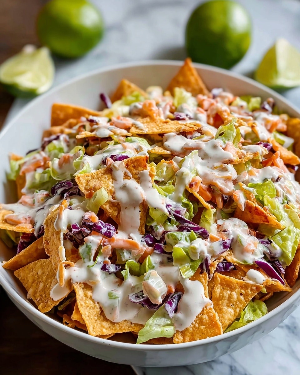 A white bowl filled with a layered dish featuring golden triangular tortilla chips, mixed with chopped vegetables including green celery, purple cabbage, and orange carrots, all coated with a creamy white sauce that drapes over the top and fills the gaps between ingredients, creating a colorful and textured mix. A halved lime and some lettuce sit softly out of focus in the background, adding a fresh feel to the vibrant bowl, which is set on a white marbled surface photo taken with an iphone --ar 4:5 --v 7