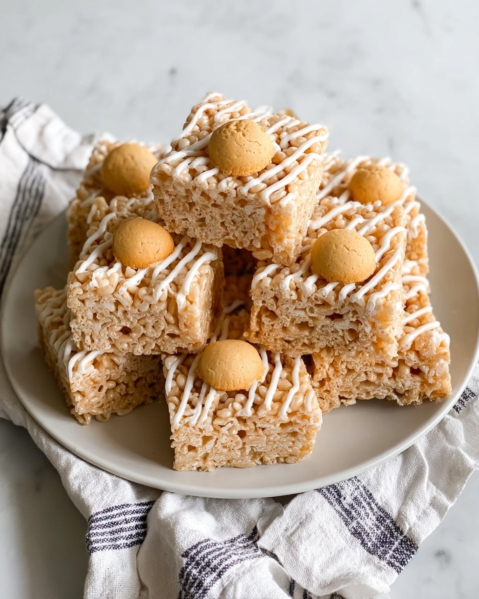 A stack of light brown crispy rice squares sits on a white plate, each square topped with a small round golden cookie in the center and drizzled with thin white icing lines. The texture of the rice squares is bumpy and crunchy, contrasted by the smooth and solid cookie on top. The squares are stacked unevenly, creating height and depth, and the plate rests on a white marbled surface next to a crumpled white cloth with black stripes. Photo taken with an iphone --ar 4:5 --v 7