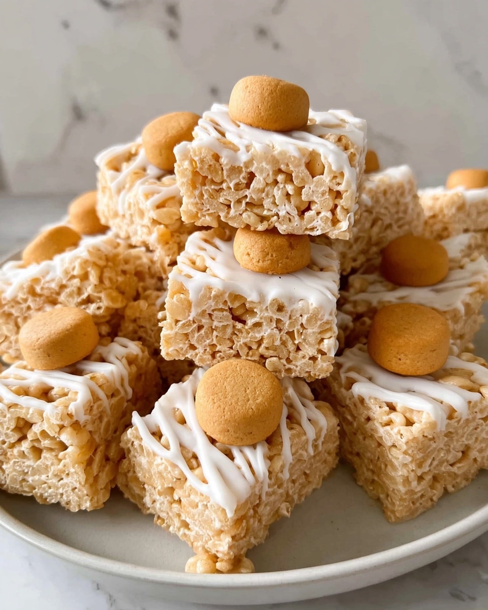 A pile of square rice crispy treats stacked unevenly on a white plate with a white marbled texture background. Each treat has two layers: a bottom thick base made of golden brown crispy rice cereal held together by melted marshmallow, and a light drizzle of white icing spread thinly over the top. On top of each square, there is one round golden brown cookie placed in the center, adding a smooth contrast to the rough crispy texture underneath. Photo taken with an iphone --ar 4:5 --v 7