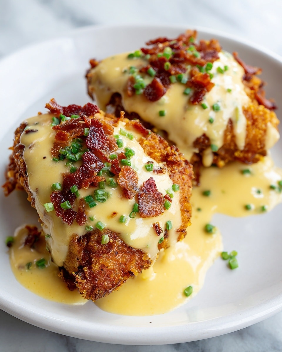 Two pieces of golden-brown fried chicken are shown on a white plate, each topped with a creamy light yellow sauce that flows down the sides. The sauce is sprinkled with small bright green chive pieces and crispy dark reddish-brown bacon bits. The chicken has a crispy, textured surface with visible spices. The background is a white marbled texture. photo taken with an iphone --ar 4:5 --v 7