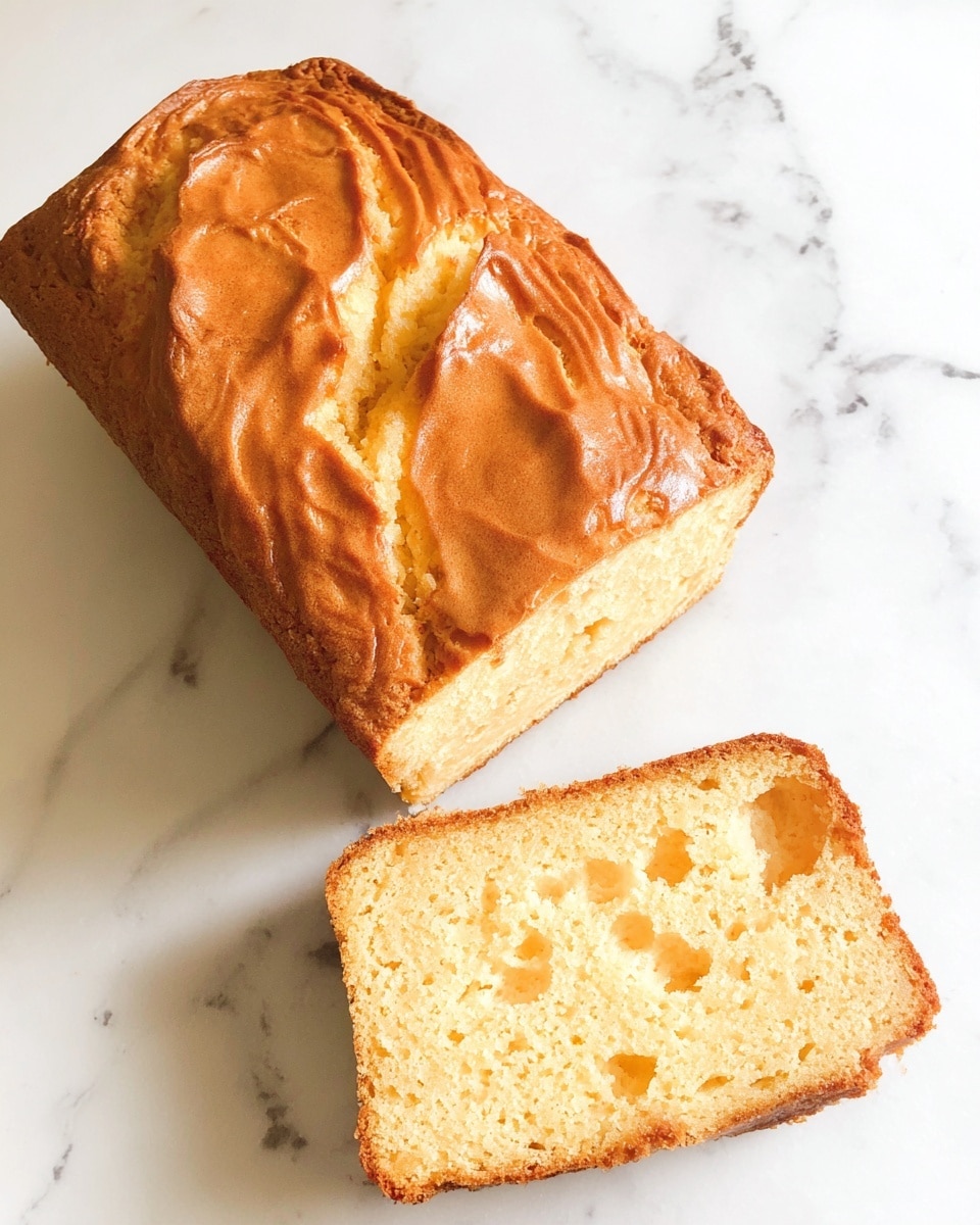 A loaf of light brown cake is shown on a white marble surface with one slice cut and placed separately below it; the top layer of the cake is golden and slightly glossy with a swirled textured pattern, while the inside reveals a soft, crumbly texture with a pale yellow color and small air holes throughout. photo taken with an iphone --ar 4:5 --v 7