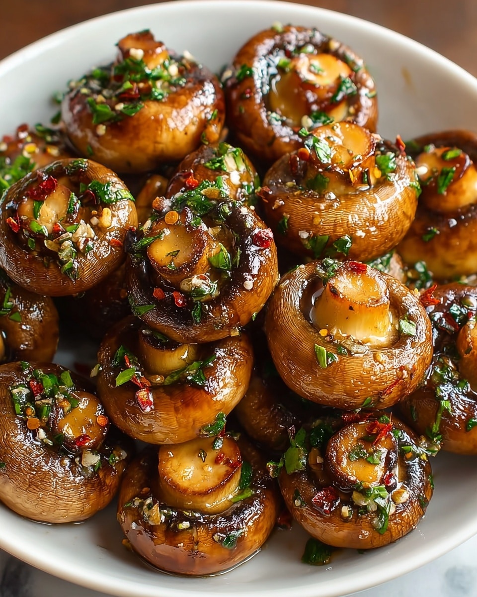 The image shows a white bowl filled with cooked mushrooms. Each mushroom is whole, with a shiny brown surface, some darker grilled spots, and juicy textures. They are garnished with small green herb pieces sprinkled all over, and a few pieces of red chili flakes add little pops of color. The mushrooms look moist and fresh, with the light reflecting off their glossy surfaces. The bowl rests on a white marbled texture. Photo taken with an iphone --ar 4:5 --v 7