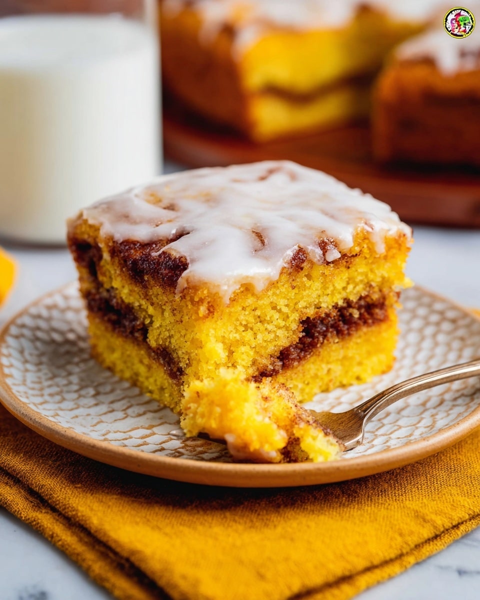 A close-up of a square piece of bright orange-yellow cake being lifted by a spatula held by a woman's hand with a blue handle. The cake has two layers separated by a thin, darker orange-brown filling with a slightly textured look. The top layer is covered with a shiny white glaze that glistens under light. The cake is in a white pan with a red rim, and more pieces of the same cake are visible in the pan. In the blurry background, there are two whole orange-colored fruits placed on a white marbled surface. photo taken with an iphone --ar 4:5 --v 7