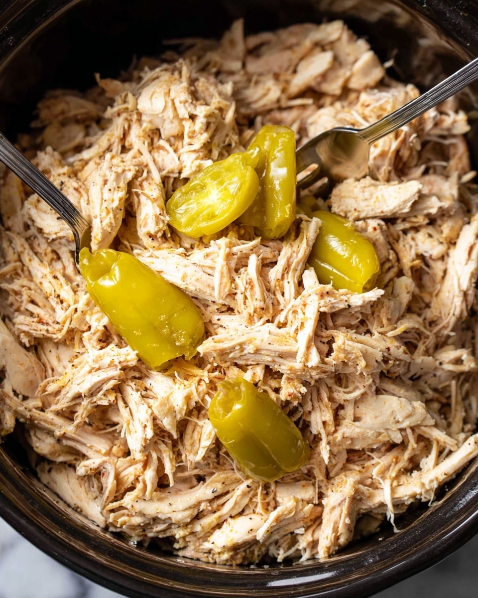 A close-up of a large black pot filled with shredded cooked chicken that has a light brown color with some juicy, tender texture. The chicken fills the entire pot, and three yellow-green pepperoncini peppers are placed on top, adding a pop of color. Two silver forks are stuck into the chicken near the center, slightly lifting some pieces. The background shows a white marbled texture. photo taken with an iphone --ar 4:5 --v 7