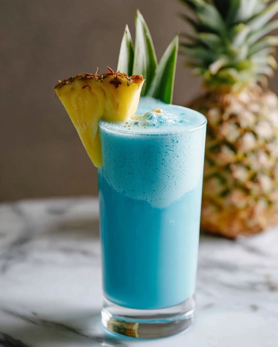 A tall clear glass filled with a smooth, bright blue drink almost to the brim, topped with a light foam layer. On the rim of the glass, there is a fresh yellow pineapple slice with brown edges and a green pineapple leaf inserted beside it, adding a tropical touch. In the background, a whole pineapple is slightly blurred against a white marbled surface, enhancing the refreshing look of the beverage. Photo taken with an iphone --ar 4:5 --v 7