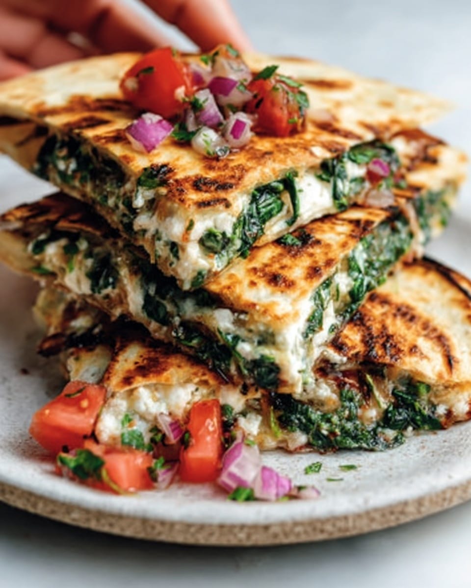 The image shows a stack of three quesadillas cut into triangles, each layered with melted cheese, green spinach, and creamy white cheese inside golden toasted tortillas with grill marks. On top and around the quesadillas are small pieces of red tomato and chopped purple onion. The quesadillas and toppings rest on a white plate, placed on a white marbled surface. A woman's hand is reaching towards the food from the side. Photo taken with an iphone --ar 4:5 --v 7