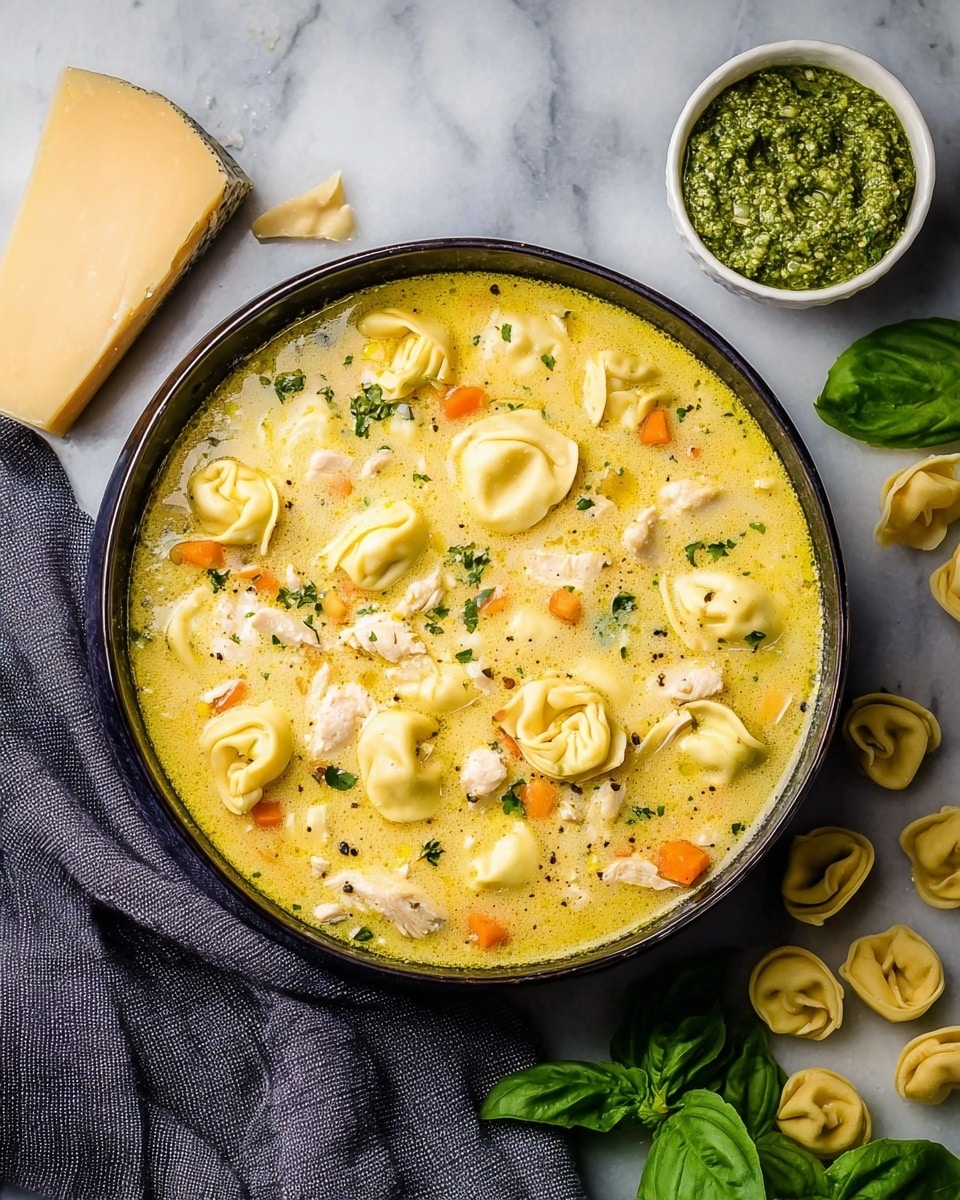 A black bowl filled with creamy yellow soup that has many tortellini pasta pieces floating inside, with chunks of cooked chicken, small bits of orange carrot, and green herbs spread throughout the soup; the bowl sits on a white marbled surface with scattered uncooked tortellini pasta nearby, a wedge of pale yellow cheese behind the bowl, a small white bowl filled with green pesto to the side, green basil leaves beside it, and a gray cloth napkin on the left side. photo taken with an iphone --ar 4:5 --v 7