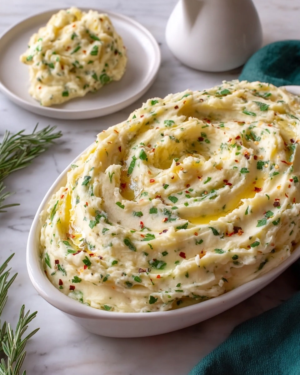 A large white oval dish is filled with creamy mashed potatoes toward the top, swirled with soft peaks and valleys. The mashed potatoes are a pale yellow color, dotted with green herbs and sprinkled lightly with red chili flakes. There are visible streaks of melted butter pooling in small pockets on the surface. In the background, a small mound of the same mashed potatoes sits on a white plate. The whole scene is set against a white marbled texture, with a white creamer and some green rosemary sprigs adding natural touches nearby. Photo taken with an iphone --ar 4:5 --v 7