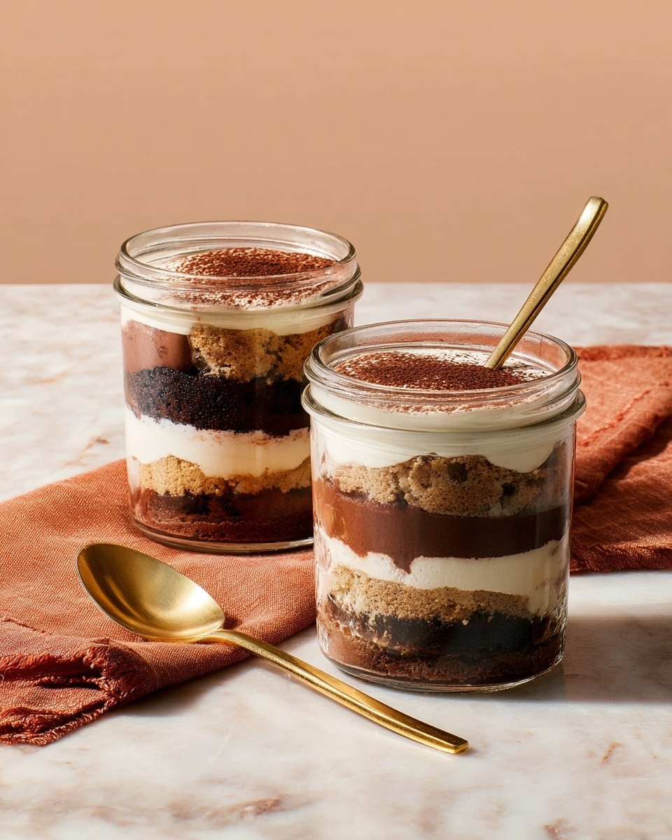 Two clear glass jars hold layered desserts made of seven visible layers each. From bottom to top, the bottom layer is a white creamy base, followed by a thick dark brown chocolate layer, then a cream-colored layer, a dark crumbly chocolate cake layer, another white cream layer, a thinner light brown layer topped with fine dark brown powder, and finally a light touch of chocolate powder on the top surface. One jar has a gold spoon resting on its rim, and a gold spoon lies on a folded burnt orange cloth on a white marbled surface behind the jars, with a soft peachy background. photo taken with an iphone --ar 4:5 --v 7