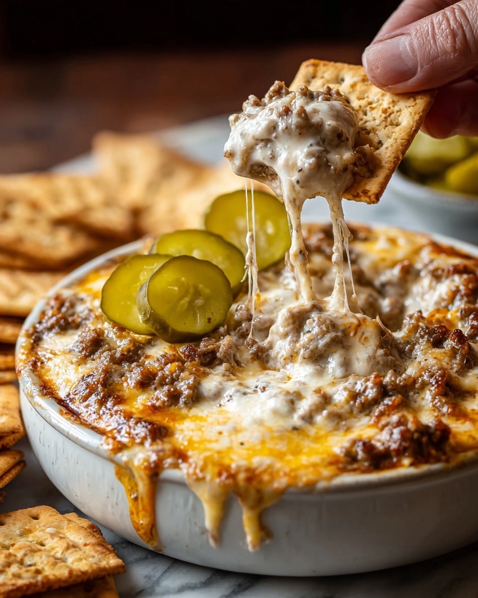 A white bowl filled with a thick dip that has three main layers: the bottom layer is a golden melted cheese, the middle layer is mixed with browned ground meat, and the top layer is creamy white sauce with more browned meat and melted cheese on top. There are some round green pickle slices left side of the bowl, resting on the dip. A cracker is dipping into the bowl, lifting a stringy, melted cheese with creamy sauce and meat clinging to it. The bowl is placed on a white marbled surface with more crackers and pickles blurred in the background. photo taken with an iphone --ar 4:5 --v 7