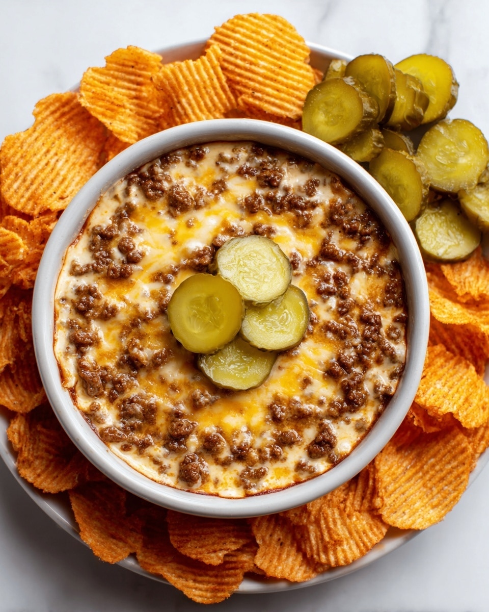 A white bowl filled with a creamy dip that has a golden melted cheese top mixed with browned bits of ground meat, centered in the image. On top of the dip, there are three round slices of pickles placed in the middle. Around the bowl, there is a ring of crispy ridged orange chips, arranged neatly on a surface with a white marbled texture. In the background, on the top right, a group of pickle slices is partially visible. photo taken with an iphone --ar 4:5 --v 7