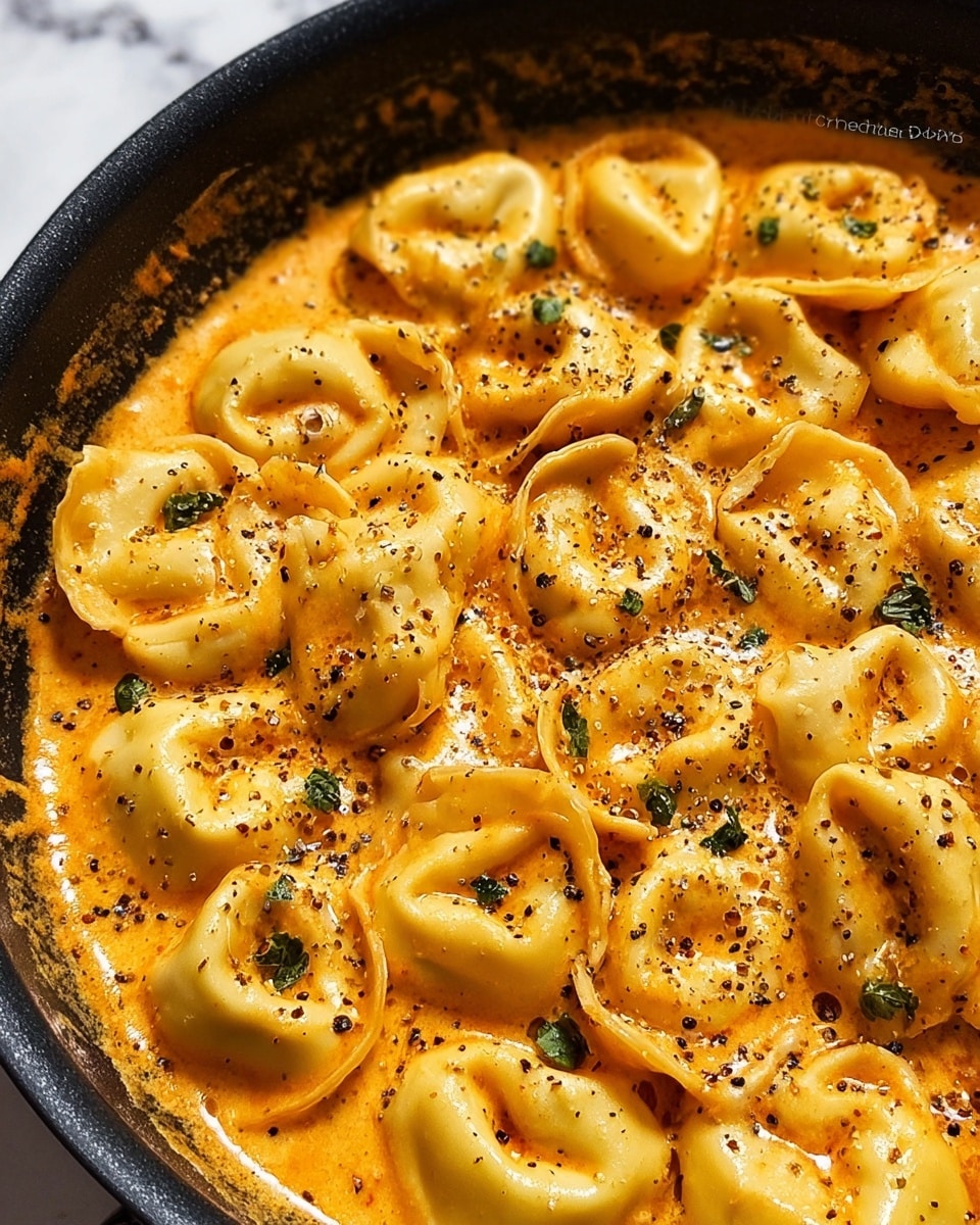 This close-up image shows a pan filled with cooked tortellini pasta covered in a creamy orange sauce. The tortellini are shaped like small rings or hats, each with a smooth, slightly folded texture. The sauce pools around the pasta, looking rich and shiny with a few bubbles on the surface. The dish is sprinkled with black pepper and small bits of green herbs, adding contrast and visual texture. The pan rim is visible, dark in color, and the whole scene has a warm, inviting tone. The background is changed to a white marbled texture. photo taken with an iphone --ar 4:5 --v 7