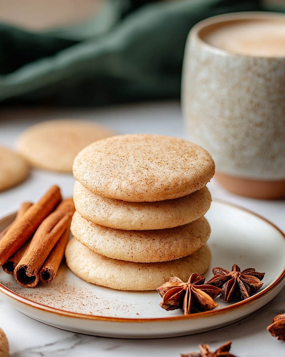 A stack of five smooth, light brown cookies with a slightly golden bottom edge sits at the center of a white plate with a thin brown rim. The top of the cookies is speckled with fine cinnamon dust, adding a soft texture to the surface. To the side of the plate, there are several brown cinnamon sticks arranged horizontally, and star anise pieces are scattered near the cookies. In the background on the right, a textured pale gray cup filled with a foamy beverage is partially visible. The whole scene is set on a white marbled surface with soft, natural lighting that highlights the cozy autumn feel. photo taken with an iphone --ar 4:5 --v 7