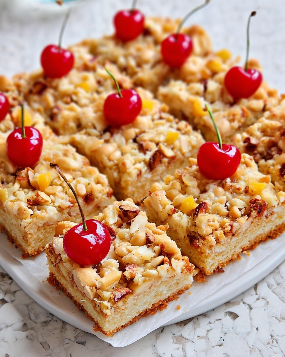 A rectangular dessert is cut into square pieces and placed on a white plate over a white marbled surface. The base is golden brown and crisp, topped with a thick layer of light beige chopped nuts mixed with small yellow-orange chunks. Bright red cherries with stems are placed on top of each square piece, adding a pop of color. The texture looks crunchy and crumbly, and the dessert is arranged close together in the plate. Photo taken with an iphone --ar 4:5 --v 7