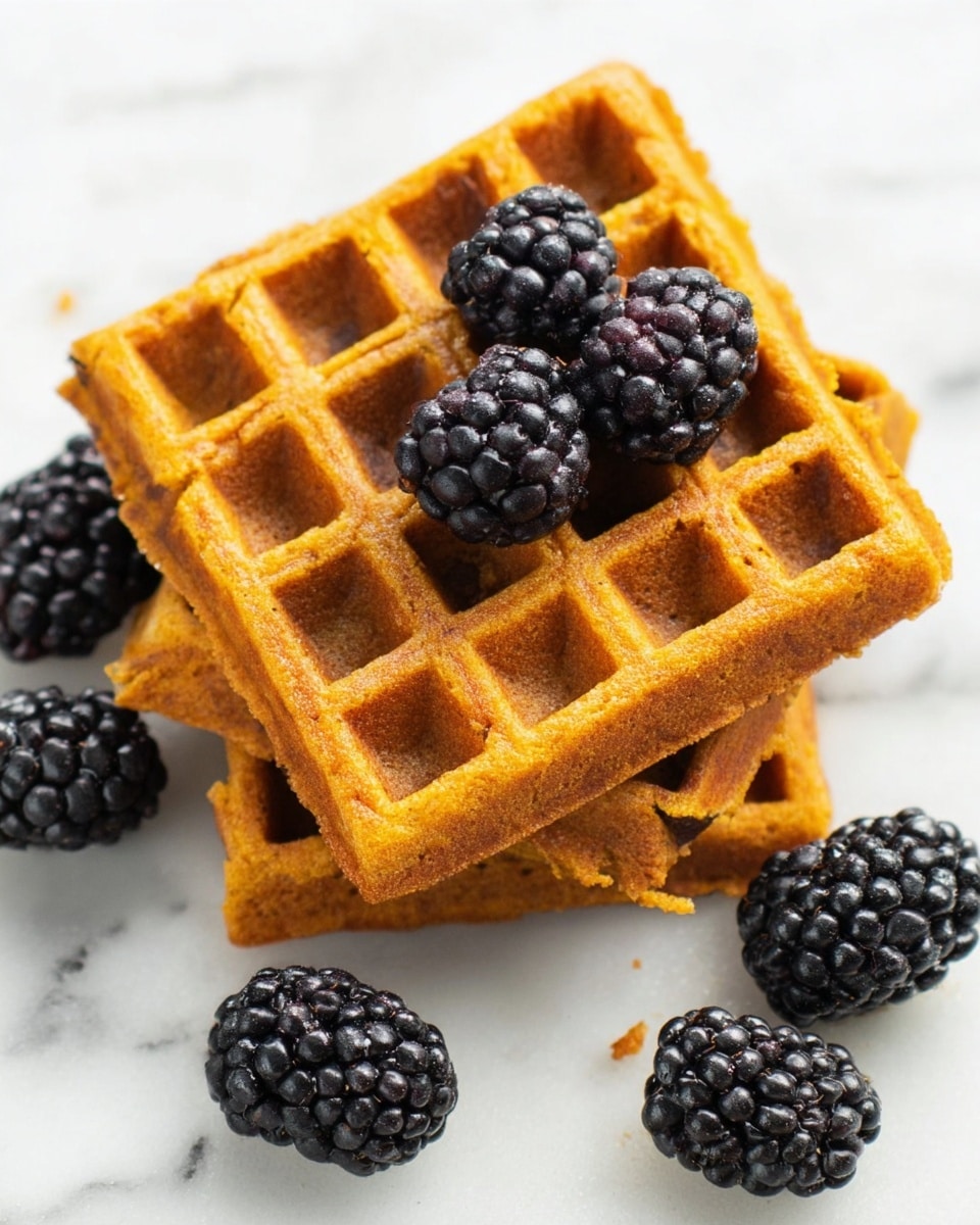 Two golden brown waffles are stacked slightly angled on a white marbled surface. On top of the waffles and scattered around them are several plump, shiny blackberries with a rich dark purple-black color and textured surface. The waffles show a crisp grid pattern with square pockets. The image is brightly lit to highlight the contrast between the warm waffles and the deep color of the blackberries. Photo taken with an iphone --ar 4:5 --v 7