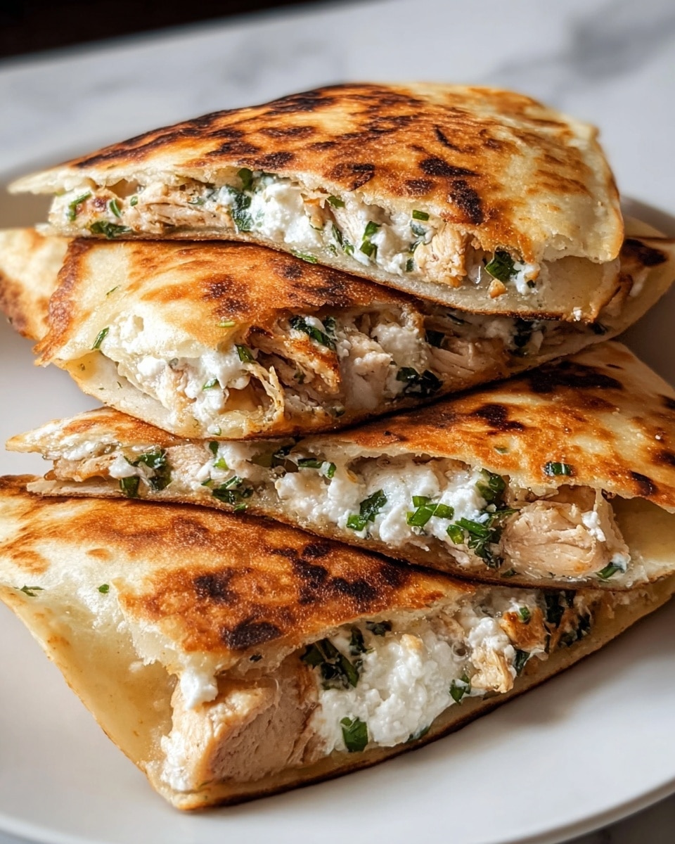 The image shows four golden brown quesadillas cut into triangles and stacked on a white plate, placed on a white marbled surface. Each quesadilla has a crispy outer layer with some charred spots and a soft, warm-looking inside. The filling inside includes white crumbly cheese mixed with small green herbs and well-cooked chicken pieces with a light seasoning, visible in the middle layer. The quesadillas are thick, with a well-toasted dough outer layer that looks slightly flaky. photo taken with an iphone --ar 4:5 --v 7