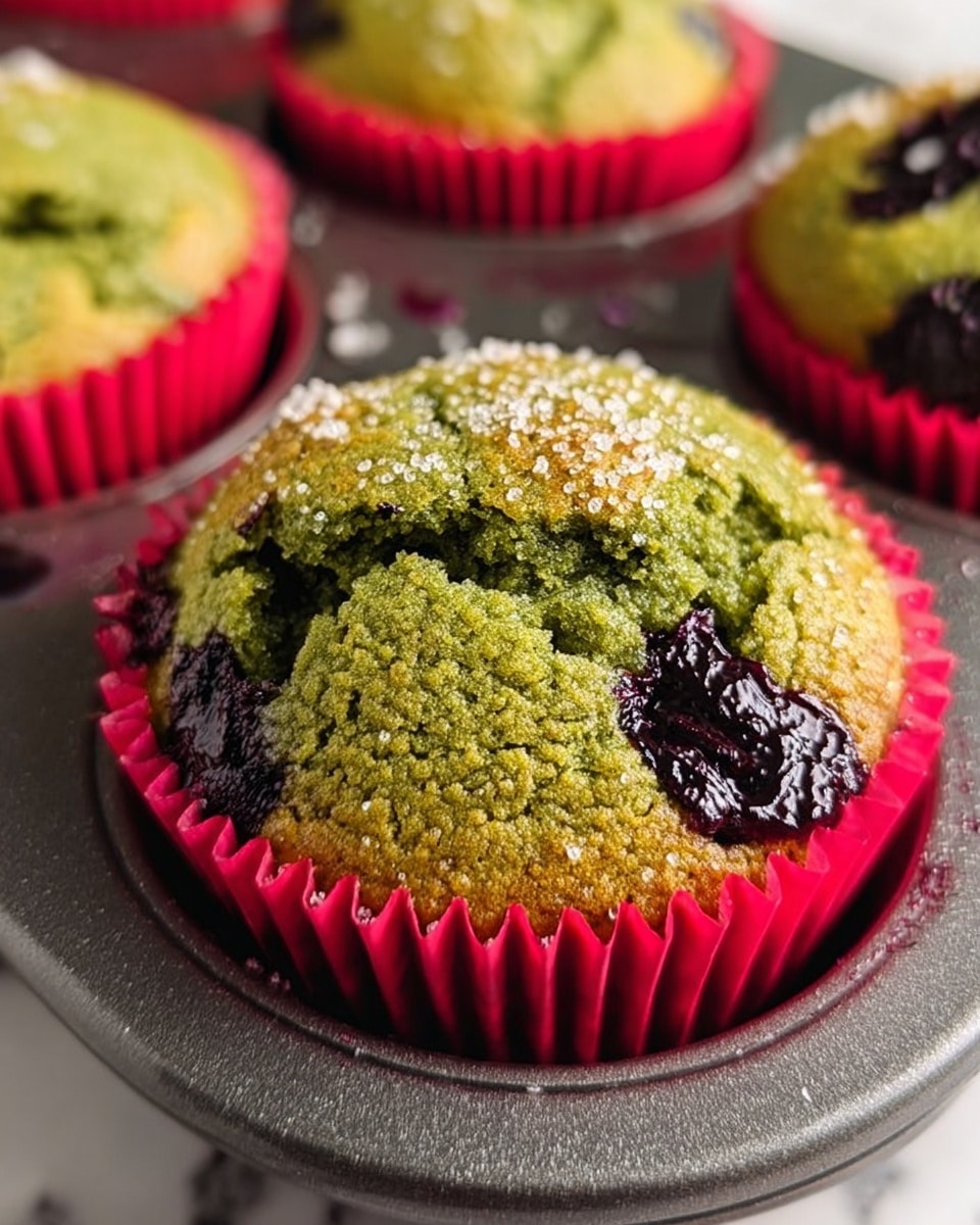 A close-up view of a green muffin with a cracked top showing glossy dark purple filling inside, placed in a bright red paper cup inside a dark metal muffin tray, topped with crystals of coarse sugar giving a shiny texture. The muffin top looks rough and textured with a golden-brown hue at the edges, contrasting the green cake beneath. The dark purple filling peeks through the cracks, adding color contrast. The tray is set on a white marbled surface. Photo taken with an iphone --ar 4:5 --v 7