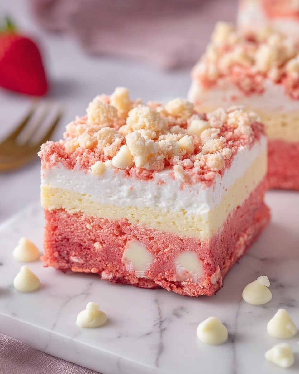 The image shows a close-up of a square dessert with three visible layers on a white marbled surface. The bottom layer is thick and pink with white chunks embedded inside. The middle layer is a fluffy white cream that contrasts softly with the pink base. The top layer is a crumbly pink and beige mixture, sprinkled unevenly with some small nut pieces or crumbs. Scattered white chocolate chips lie in the foreground, and a blurred strawberry and utensil appear softly in the background. Photo taken with an iphone --ar 4:5 --v 7