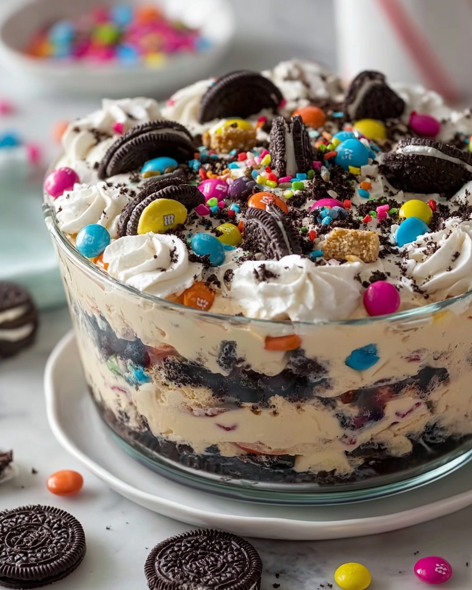 A clear glass dish shows a layered dessert with three main layers: the bottom layer is crushed dark chocolate cookies mixed with colorful candy-coated chocolates scattered inside; the middle layer is creamy and light beige with more colorful candies mixed in; the top layer is white whipped cream with swirls, covered with whole dark chocolate sandwich cookies and more colorful candy-coated chocolates, all sprinkled with cookie crumbs. The dish sits on a white marbled texture with a white plate beneath and some cookies scattered around. The bright colors of the candies and the dark cookies create a fun and rich look. photo taken with an iphone --ar 4:5 --v 7