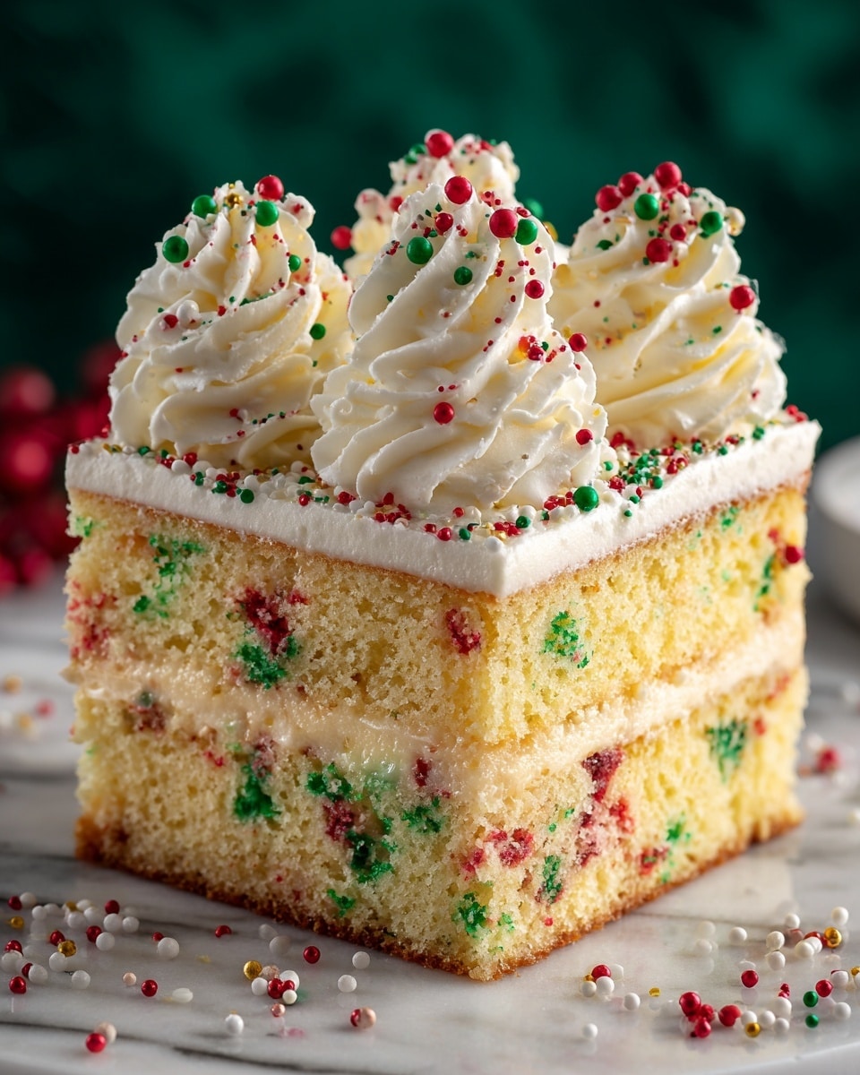 A two-layer square cake with each layer made of a light yellow sponge cake mixed with red and green sprinkles inside, separated by a thick creamy off-white frosting layer. The top layer has the same creamy frosting covering it, decorated with three big dollops of white whipped cream, each sprinkled with small red, green, and white round sprinkles. More sprinkles are scattered on the frosting and around the cake on a white marbled surface. The background is dark green. Photo taken with an iphone --ar 4:5 --v 7