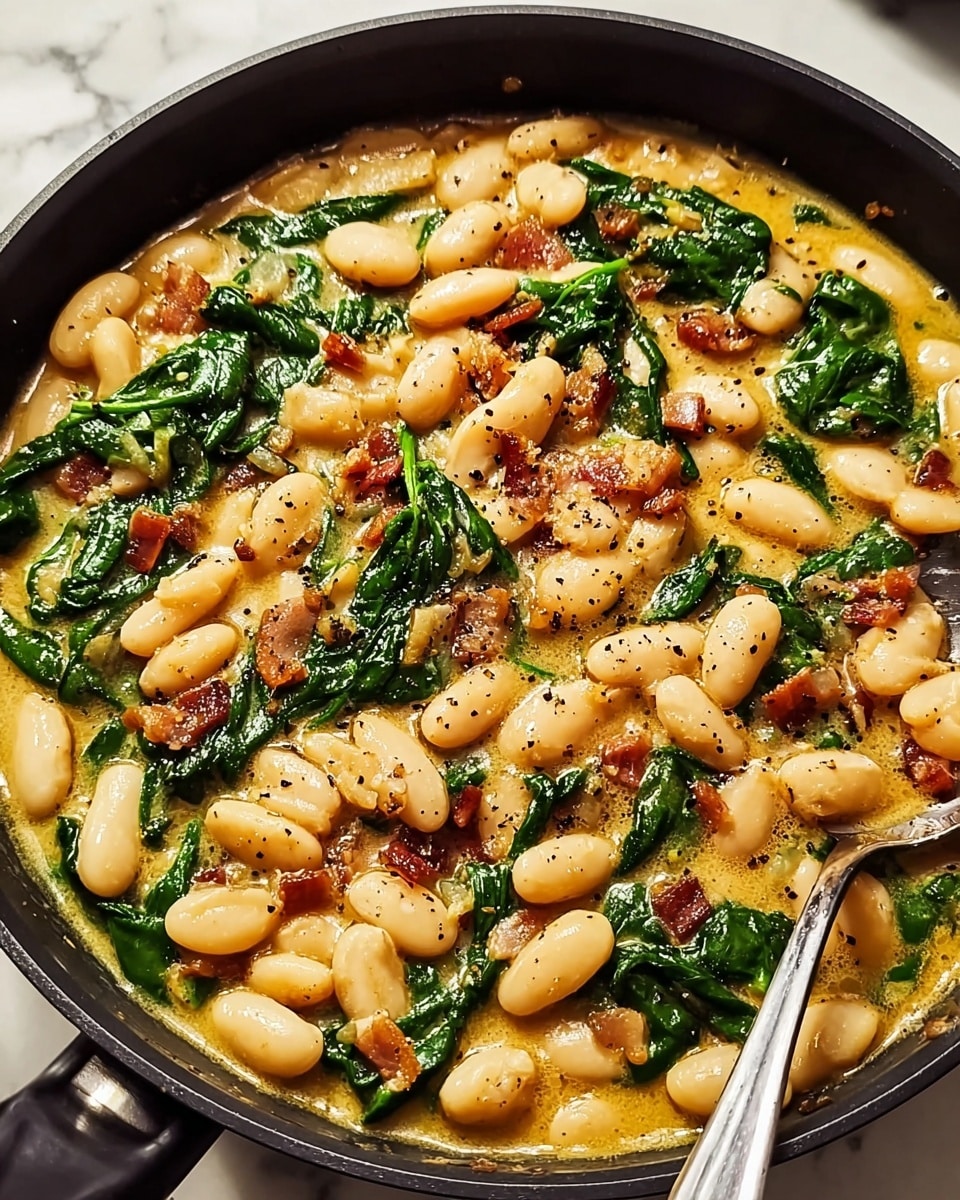 A close-up view of a black frying pan filled with a hearty mixture of white beans, green spinach leaves, and small chunks of browned bacon or pancetta stirred in a creamy, golden-yellow sauce, with visible specks of black pepper scattered on top. The beans are plump and shiny, the spinach appears wilted but vibrant, and the bacon pieces add a crispy texture contrast. A metal spoon rests inside the pan on the right side, all placed on a white marbled surface. photo taken with an iphone --ar 4:5 --v 7