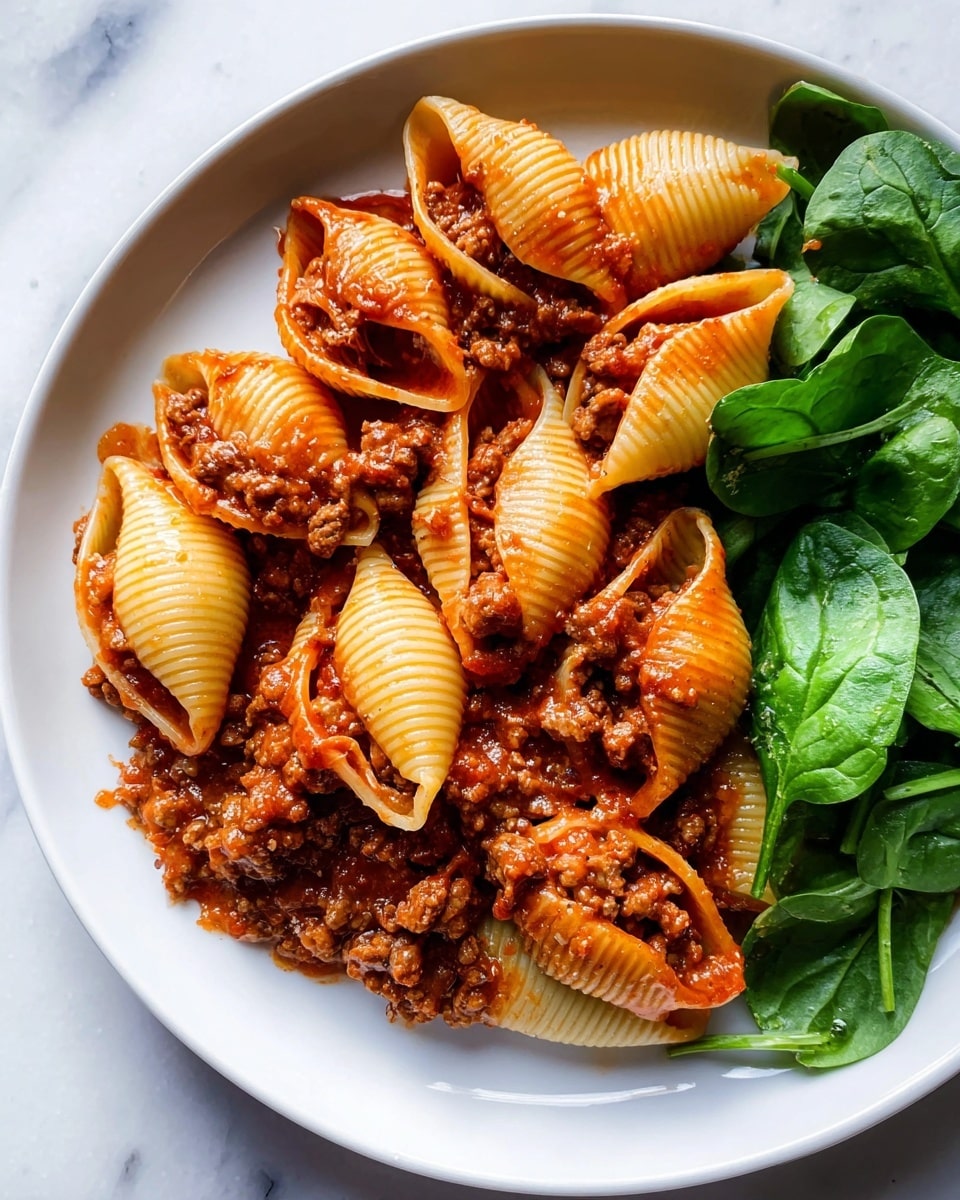 A white plate on a white marbled surface holds two distinct food portions; on the left side is a fresh salad made of light green lettuce layers mixed with shredded carrots, thin purple cabbage strips, chickpeas, and a grainy, light beige dressing drizzled on top; on the right side is a serving of pasta shells coated in a rich reddish-brown meat sauce with visible ground meat bits mixed evenly throughout the noodles. photo taken with an iphone --ar 4:5 --v 7