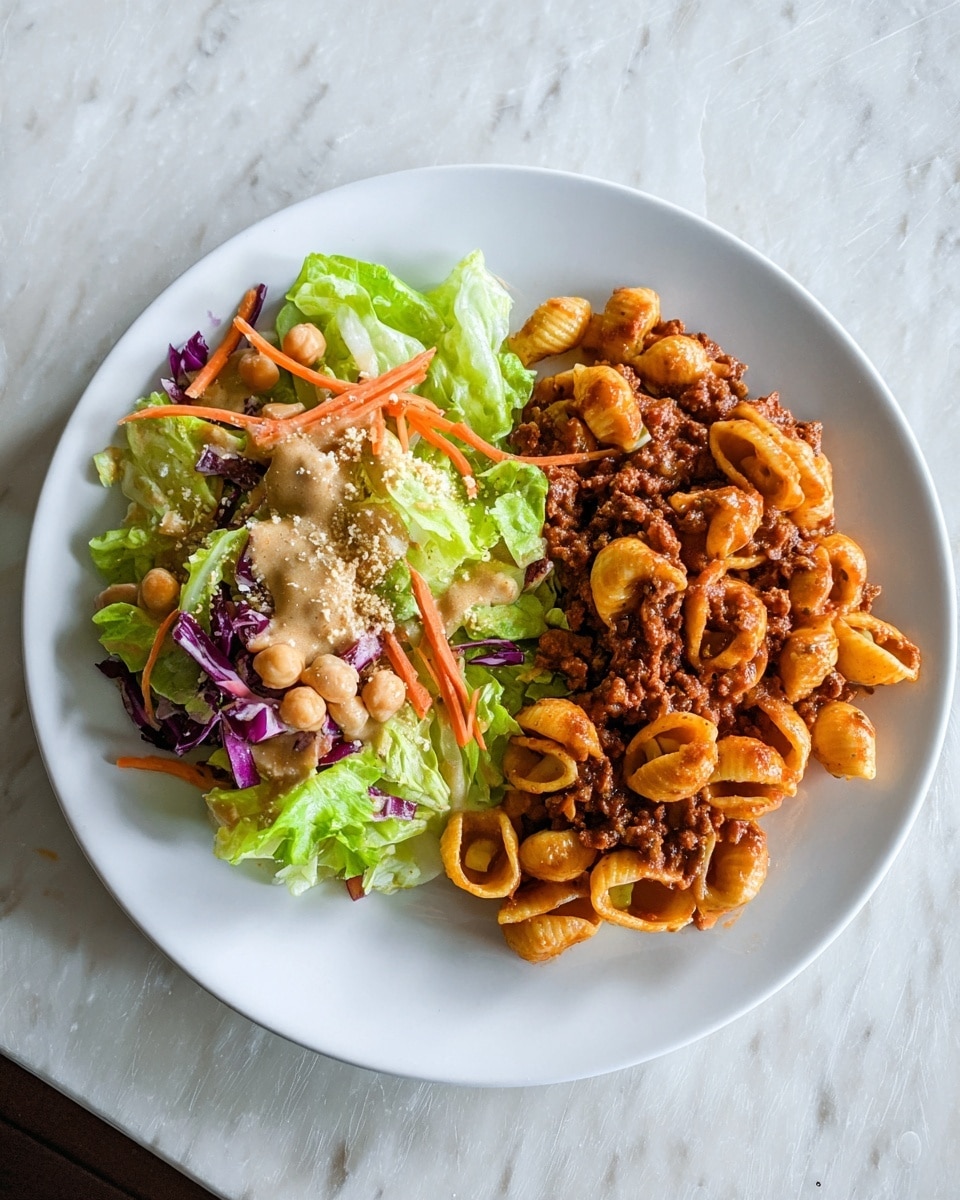 A white plate sits on a white marbled surface holding a serving of large pasta shells filled and coated with a rich red tomato meat sauce mixed with small browned ground meat pieces. The shells are ridged, golden-yellow, and some have sauce visible inside. On the right side of the plate, fresh, bright green spinach leaves add a fresh contrast. The photo is close up, showing details and texture of the pasta and sauce. photo taken with an iphone --ar 4:5 --v 7