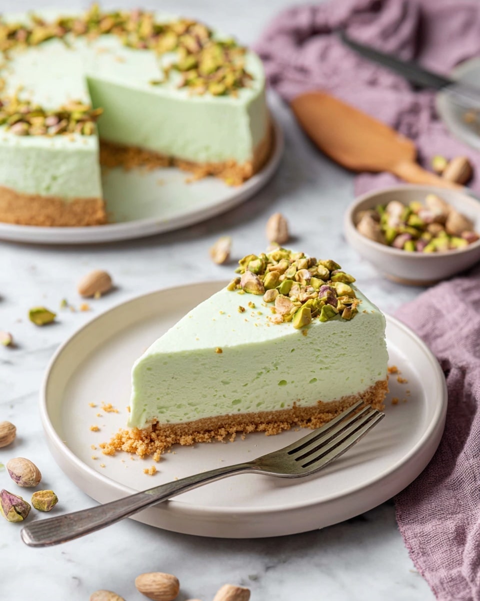 A slice of light green pistachio cheesecake with three visible layers sits centered on a white plate; the bottom layer is a thin, crumbly golden-brown graham cracker crust, the middle and top layers are a smooth, creamy pale green cheesecake filling, and the top is decorated with chopped pistachio nuts scattered along the edge. The plate rests on a white marbled surface with a small fork placed next to the slice. In the background, the full cheesecake sits on a white plate, revealing a missing slice and decorated with more chopped pistachios on top, alongside a wooden pie server and light purple cloth. Small pistachio nuts are scattered around the scene. Photo taken with an iphone --ar 4:5 --v 7