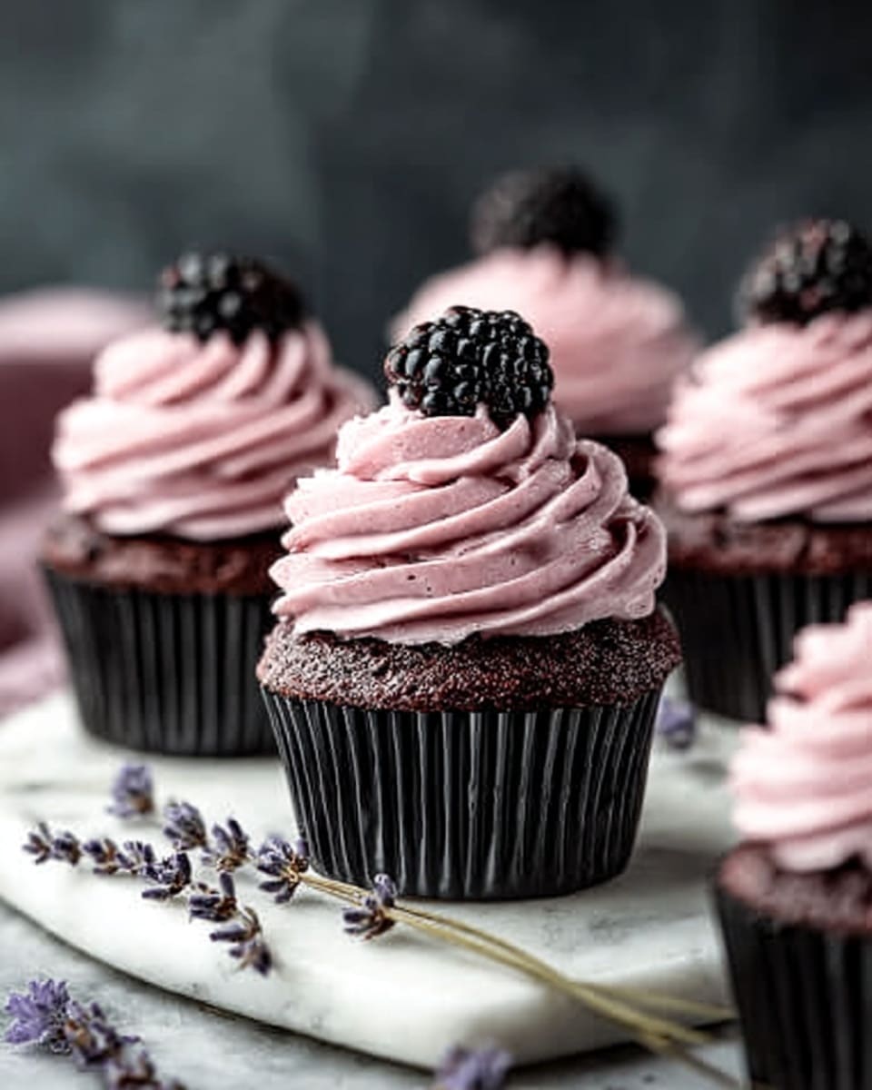 The image shows a close-up of several chocolate cupcakes, each with a swirl of light pink frosting on top. The frosting is smooth with soft ridges, piled high in a spiral pattern. Each cupcake is decorated with a single blackberry placed right in the center of the frosting swirl. The cupcakes are in black paper liners, arranged on a white marble surface with some small sprigs of lavender around them. The background is dark and blurred, making the cupcakes stand out clearly. photo taken with an iphone --ar 4:5 --v 7