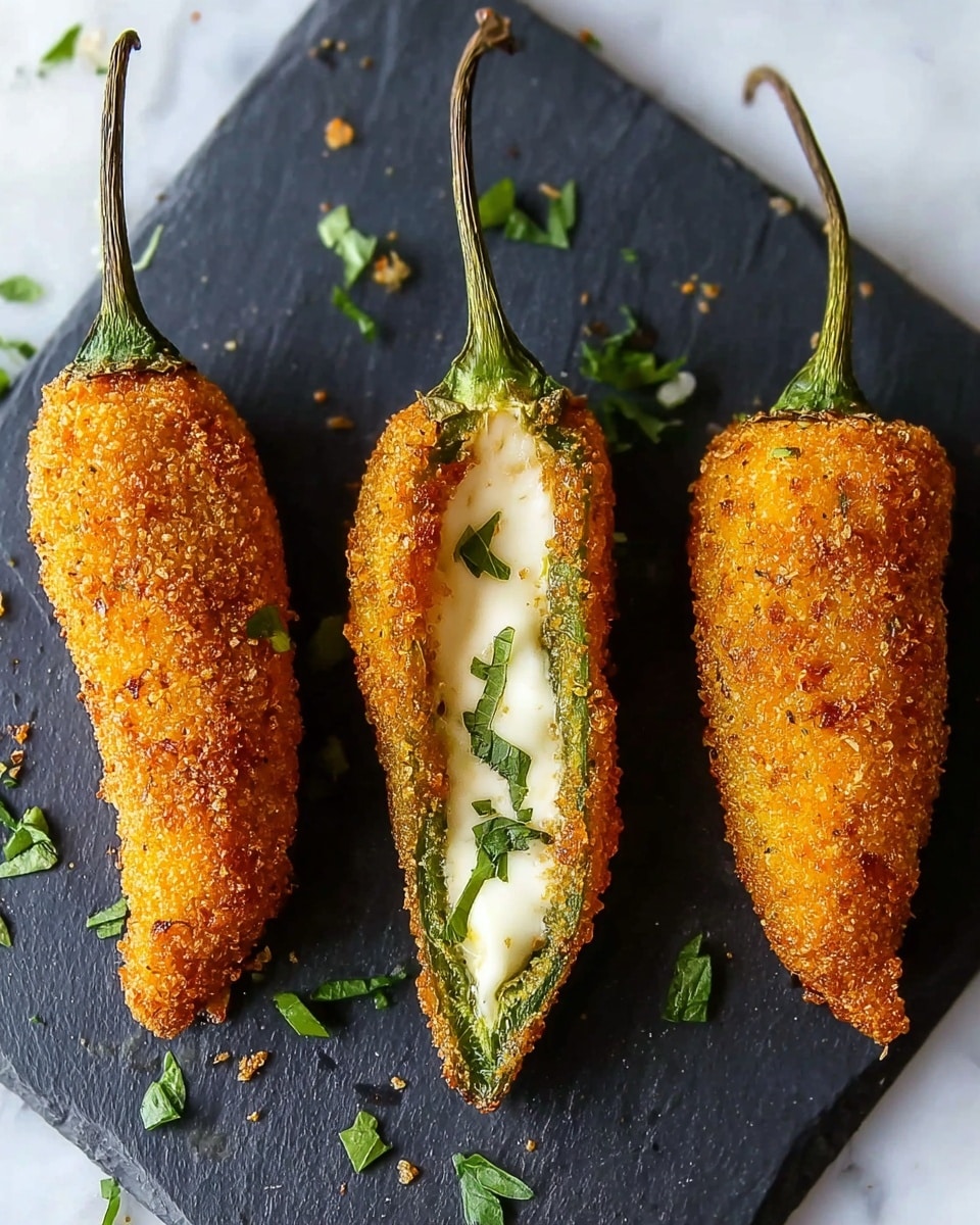 Three golden brown fried jalapeños rest side by side on a dark slate board, each coated in a crispy textured breadcrumb layer that gives a crunchy look. The jalapeño on the left and right are whole with their shiny green stems still attached, while the middle one is slit open to reveal a smooth, creamy white cheese filling inside. Small bits of chopped green herbs are scattered around, adding a touch of fresh color. The background features a white marbled texture. photo taken with an iphone --ar 4:5 --v 7