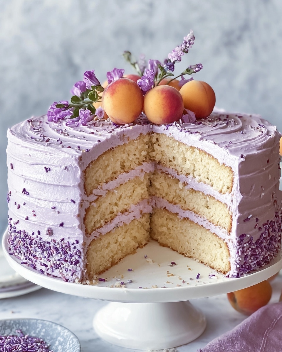 A three-layer vanilla cake with light purple frosting between each fluffy layer and covering the outside, sprinkled generously on top with small purple flower buds. The top center is decorated with a cluster of small peach fruits and a few sprigs of purple flowers. The cake sits on a white cake stand against a white marbled texture background. A slice is cut out, showing the soft texture inside the cake. Photo taken with an iphone --ar 4:5 --v 7