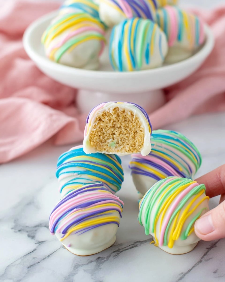 The image shows several round treats covered in white coating with thin, colorful drizzle lines on top. Each treat has about two layers: a smooth outer white layer and a crumbly, light brown inner layer visible from one treat that is bitten in half and standing upright. The drizzles are bright pastel colors including blue, yellow, green, purple, and pink, arranged in swirling lines that run across the top of each treat. These treats are placed on a white marbled surface, with a white plate holding more of the treats in the background along with a soft pink cloth partly visible underneath the plate. One woman’s hand is gently holding one treat in the background. photo taken with an iphone --ar 4:5 --v 7