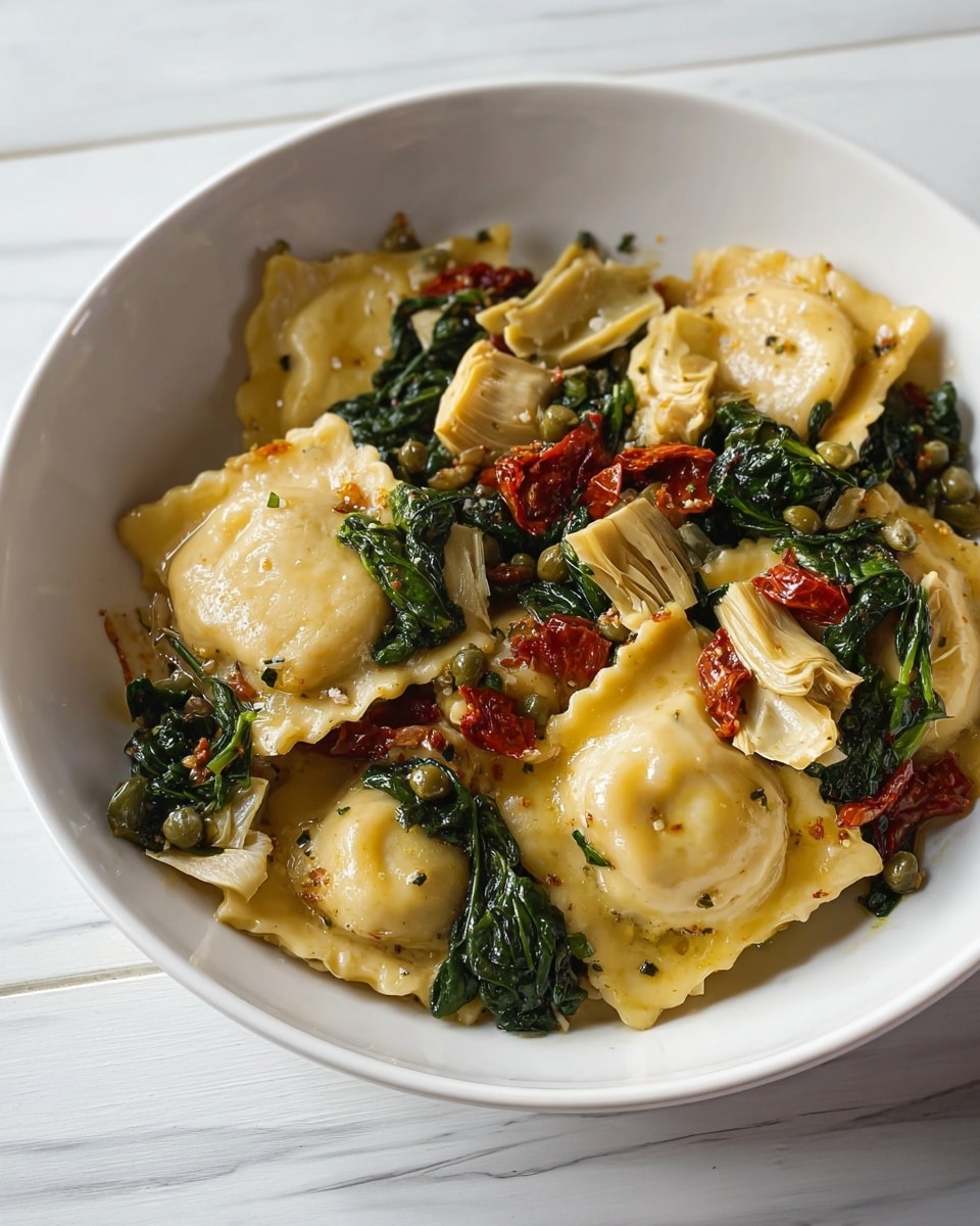 A white bowl holds a dish of three large, square ravioli with scalloped edges, each ravioli pale yellow with a slightly glossy texture. Scattered on and around the ravioli are dark green wilted spinach leaves, chunks of light tan artichoke hearts, and small pieces of sun-dried tomatoes in a deep red color. The dish also has small green capers and bits of translucent cooked onion mixed throughout. The white bowl contrasts with the colorful ingredients, all placed on a white marbled surface. photo taken with an iphone --ar 4:5 --v 7