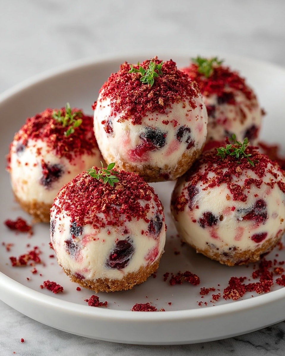 Five round, small cheesecake balls sit closely together on a white plate with a smooth surface. Each ball has three visible layers: a bottom crumbly light brown crust, a thick middle layer of creamy white cheesecake speckled with bright red and dark berry pieces inside, and a top sprinkled with crushed red berry crumbs for texture. Tiny green leaves garnish the top of some balls, adding a fresh contrast to the reds and whites. The white plate rests on a white marbled textured surface, with a few red crumbs scattered nearby. photo taken with an iphone --ar 4:5 --v 7