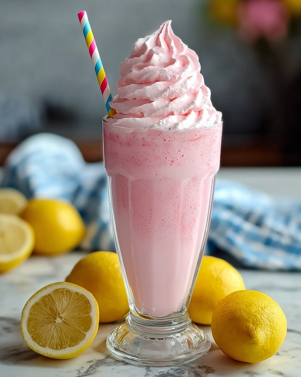 The image shows three clear glasses filled with a pink drink and ice cubes, each topped with a generous swirl of light pink whipped cream. A bright red cherry and a small yellow lemon slice decorate the whipped cream on each glass. The glasses sit on a white marbled surface, with half a lemon cut open and placed near the front. In the background, a pitcher slightly filled with pink liquid is visible, along with a soft white cloth and two silver spoons with light pink handles lying nearby. photo taken with an iphone --ar 4:5 --v 7