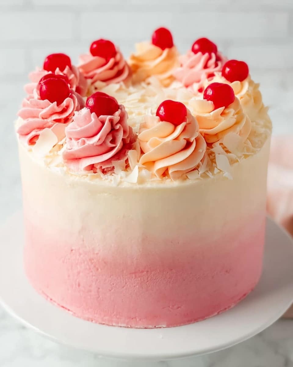The cake is a two-layered round dessert with a smooth pink ombre frosting that transitions from a deeper pink at the bottom to a creamy light pink at the top. The top edge is decorated with eight large rosettes of whipped frosting that have a mix of pink and cream colors, each topped with a bright red cherry. The center of the cake is filled with small white chocolate shavings, adding texture and contrast. The cake sits on a white plate, and the background has a clean white marbled texture. photo taken with an iphone --ar 4:5 --v 7