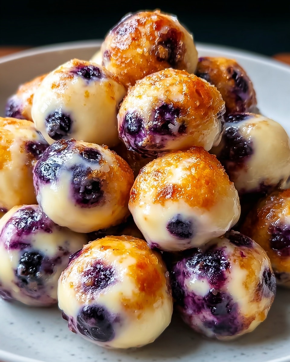 A close-up view of a pile of small round treats, each with a golden brown crust layer on top that looks crispy and caramelized, with a creamy white batter layer underneath dotted generously with deep purple blueberries that peek through the surface all around the sphere. The treats are stacked closely on a white plate that contrasts with their warm colors, and the background has a smooth white marbled texture. The lighting highlights the shiny glaze on the batter and the juicy blueberries, giving the treats a fresh and inviting look. Photo taken with an iphone --ar 4:5 --v 7