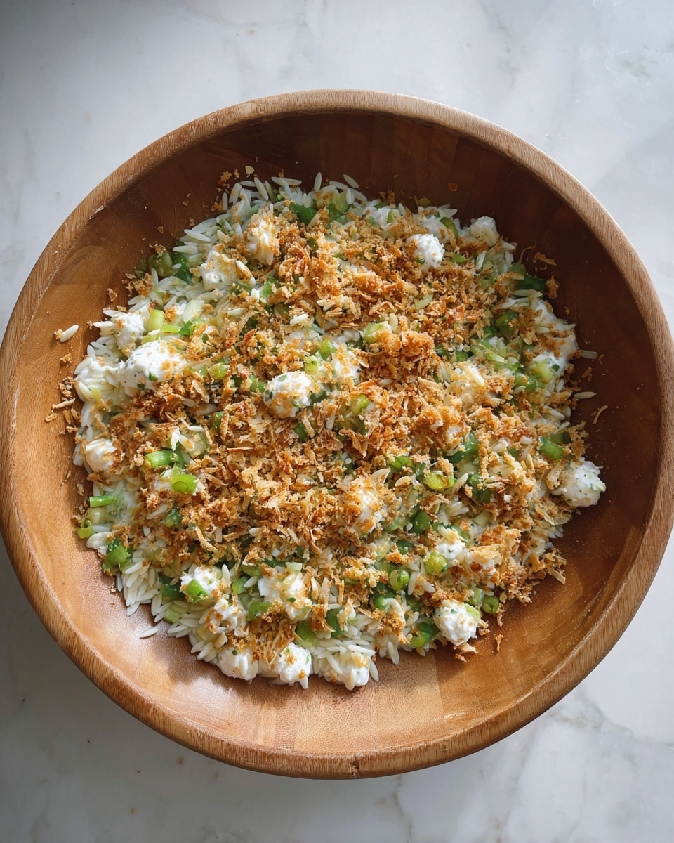 A round wooden bowl holds a layered dish starting with a base of white orzo pasta spread evenly at the bottom. On top of the pasta, there are small white cheese balls scattered throughout, mixed with finely chopped green vegetables that appear fresh and crisp. The whole dish is generously sprinkled with a layer of golden-brown crispy crumbs, giving it a crunchy texture in contrast to the soft cheese and pasta. The bowl sits on a white marbled surface under soft natural light, highlighting the colors and textures clearly. photo taken with an iphone --ar 4:5 --v 7
