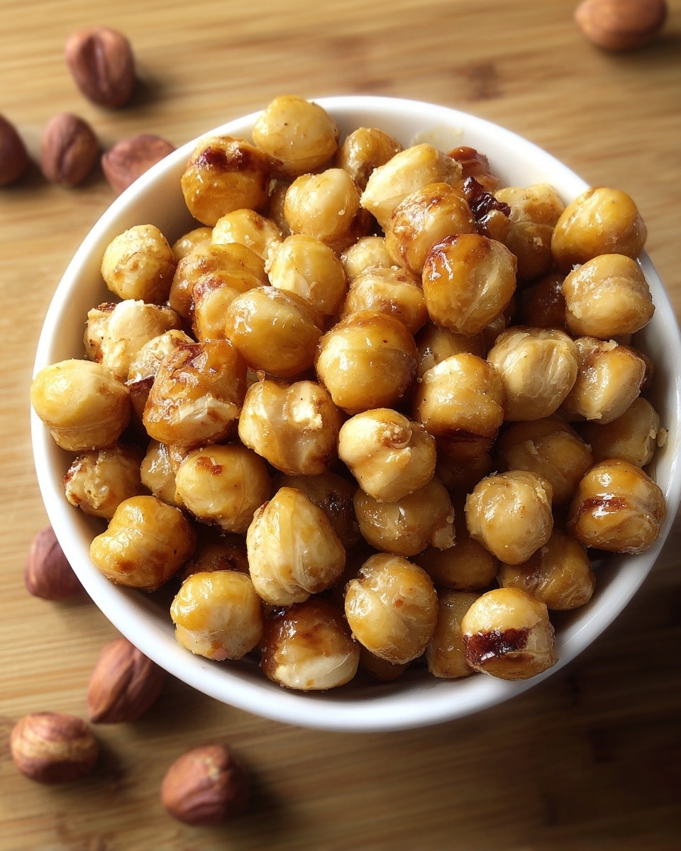 A close-up of a white bowl filled with golden roasted hazelnuts that have a shiny, slightly oily surface and some toasted brown bits, suggesting caramelization or roasting; the bowl is placed on a wooden surface with a few hazelnuts outside the bowl near its base, creating a natural and simple presentation. Photo taken with an iphone --ar 4:5 --v 7