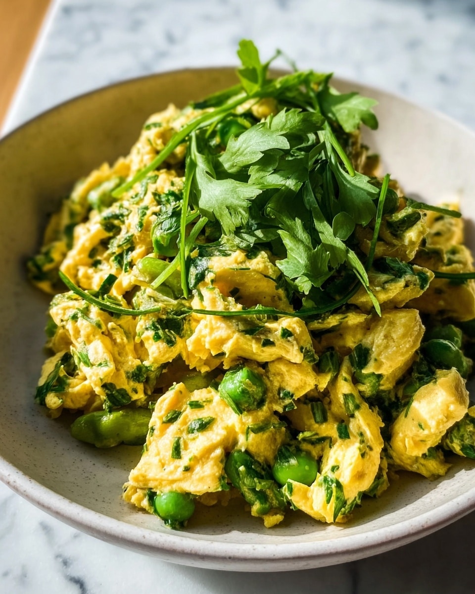 The dish is a close-up of scrambled eggs mixed with chopped green herbs and small green beans, all piled in a white bowl. The scrambled eggs have a soft, fluffy texture with a yellow color mixed with bright green herbs evenly spread throughout. There are roughly three layers visible: the base layer is mostly eggs, the middle layer has chopped herbs and beans mixed in, and the top layer is garnished with fresh green leaves. The bowl is placed on a surface with a white marbled texture. The lighting highlights the softness and freshness of the ingredients, making the green colors vivid and the eggs appear warm and tender. Photo taken with an iphone --ar 4:5 --v 7