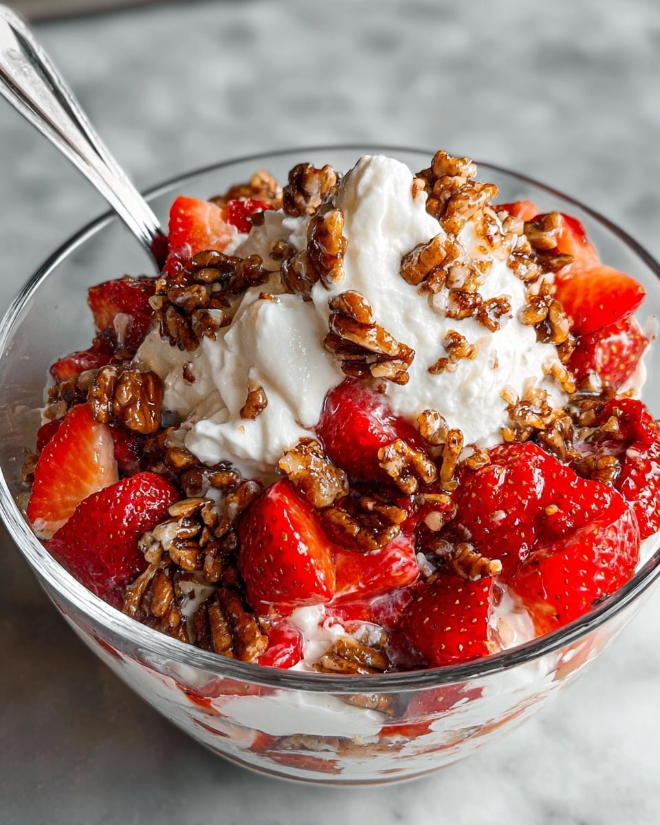 A clear glass bowl filled with a layered dessert showing chopped red strawberries on top and mixed throughout, creamy white whipped topping dollops nestled between, and a brown crunchy pecan mixture spread unevenly among the strawberries and cream, with a silver spoon inserted into the bowl from the top left side; the bowl rests on a white marbled surface. photo taken with an iphone --ar 4:5 --v 7