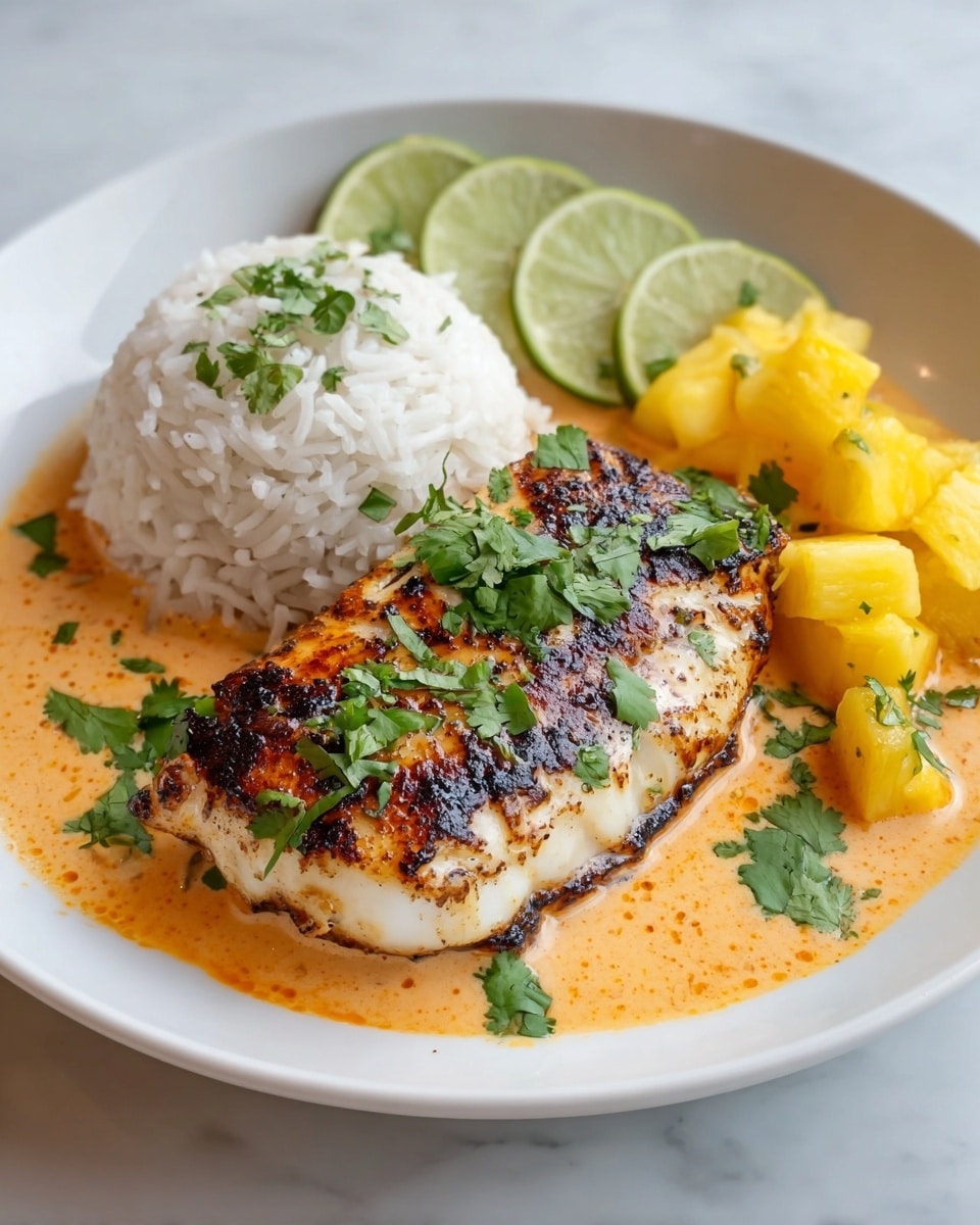 A white plate holds a meal with three main layers arranged side by side. On the left, there is a mound of fluffy white rice with some green cilantro leaves scattered on top. In the center, a thick piece of grilled white fish with a charred, dark brown crust sits on a light orange creamy sauce, sprinkled with fresh green cilantro leaves. On the right, bright yellow chunks of pineapple add a vibrant color contrast. Behind the rice, there are three lime slices placed neatly. The whole dish rests on a white marbled texture surface. Photo taken with an iphone --ar 4:5 --v 7