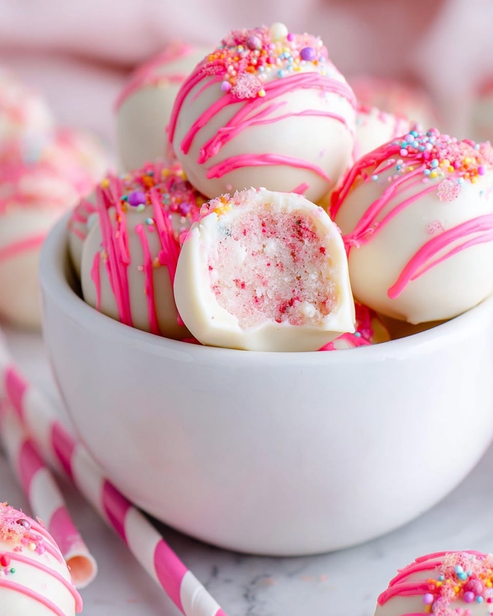 A white bowl is filled with round cake balls, each coated in a smooth white chocolate layer, with drizzle of bright pink icing on top. The pink drizzle is decorated with small round colorful sprinkles and crushed crumbs, adding texture. One cake ball is cut in half and placed at the front, showing a soft, moist, light pink and white crumb inside. The bowl sits on a white marbled surface, with pink and white striped straws and more pink drizzle with sprinkles artfully scattered around. photo taken with an iphone --ar 4:5 --v 7