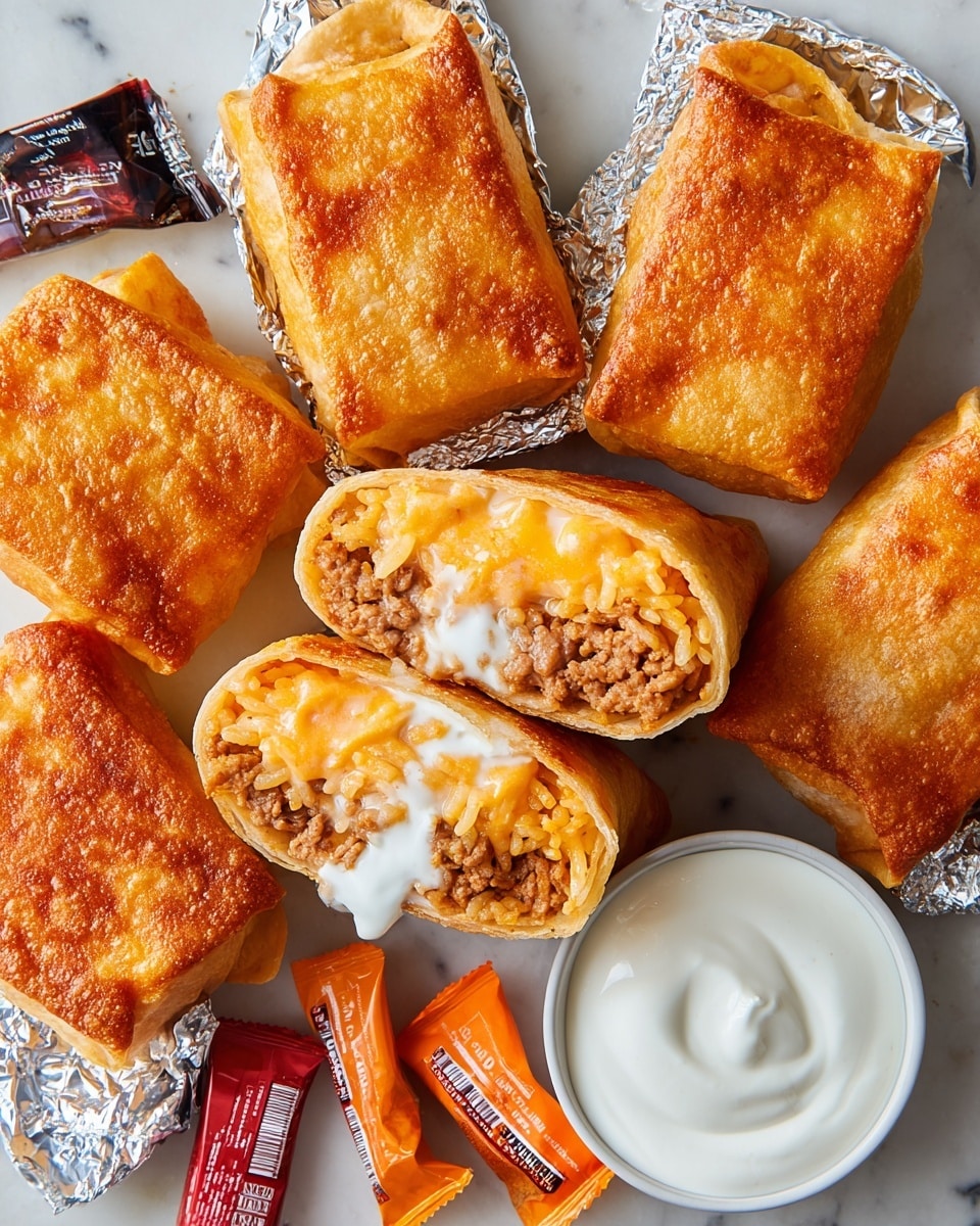 The image shows golden brown, crispy deep-fried burritos cut in half to reveal three layers inside: a soft creamy orange sauce on top, a light brown ground meat layer in the middle, and pale yellow rice with a soft texture at the bottom. These burritos are arranged on a white marbled surface with a small round white bowl filled with smooth, thick white sour cream in the center. Several colorful sauce packets in red, black, and orange are scattered around the burritos. Some burritos are wrapped partially in shiny silver foil, showing the smooth white tortilla underneath. The overall look is warm, inviting, and crunchy with soft fillings visible inside. Photo taken with an iphone --ar 4:5 --v 7