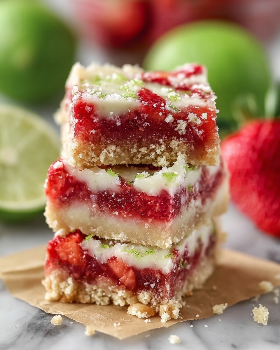 The image shows a stack of three dessert bars placed on parchment paper over a white marbled surface. Each bar has three layers: the bottom layer is crumbly and light golden brown in color, the middle layer is thick with bright red strawberries embedded inside a soft, slightly translucent red filling, and the top layer is creamy white with small green bits scattered throughout. The bars have a slightly rough texture with bits of crumbs around them. Fresh whole strawberries and limes are blurred in the background, adding a fresh and colorful feel to the scene. photo taken with an iphone --ar 4:5 --v 7