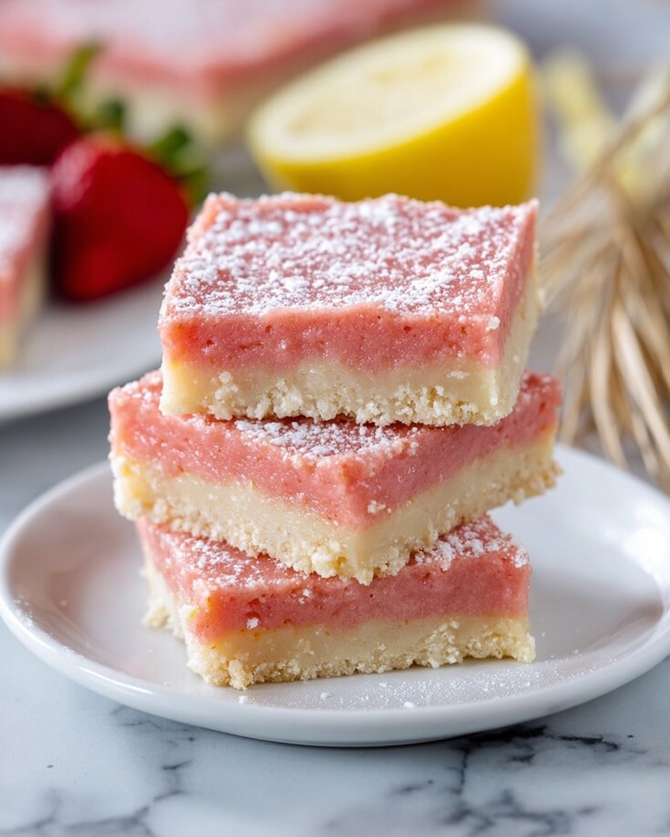 Three square dessert bars are stacked on a white plate, each having two main layers: a light beige, crumbly base and a thick, smooth pink topping dusted lightly with powdered sugar. The creamy pink layer looks soft and slightly textured, while the base appears firm and slightly crumbly. The plate sits on a white marbled surface with some natural fiber decoration and a blurred lemon slice and strawberries in the background. photo taken with an iphone --ar 4:5 --v 7