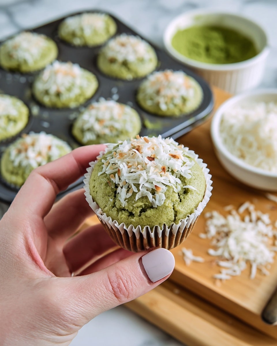 A close-up of a single green cupcake held by a woman's hand with pale nails, showing a soft, slightly cracked top covered with a layer of toasted white coconut flakes, placed in a white cupcake liner. In the background, several more green cupcakes with the same toasted coconut topping sit in a dark metal muffin pan on a light wooden board. To the right, a small white bowl filled with green powder sits next to a small white bowl holding shredded white coconut, all set against a white marbled surface. photo taken with an iphone --ar 4:5 --v 7