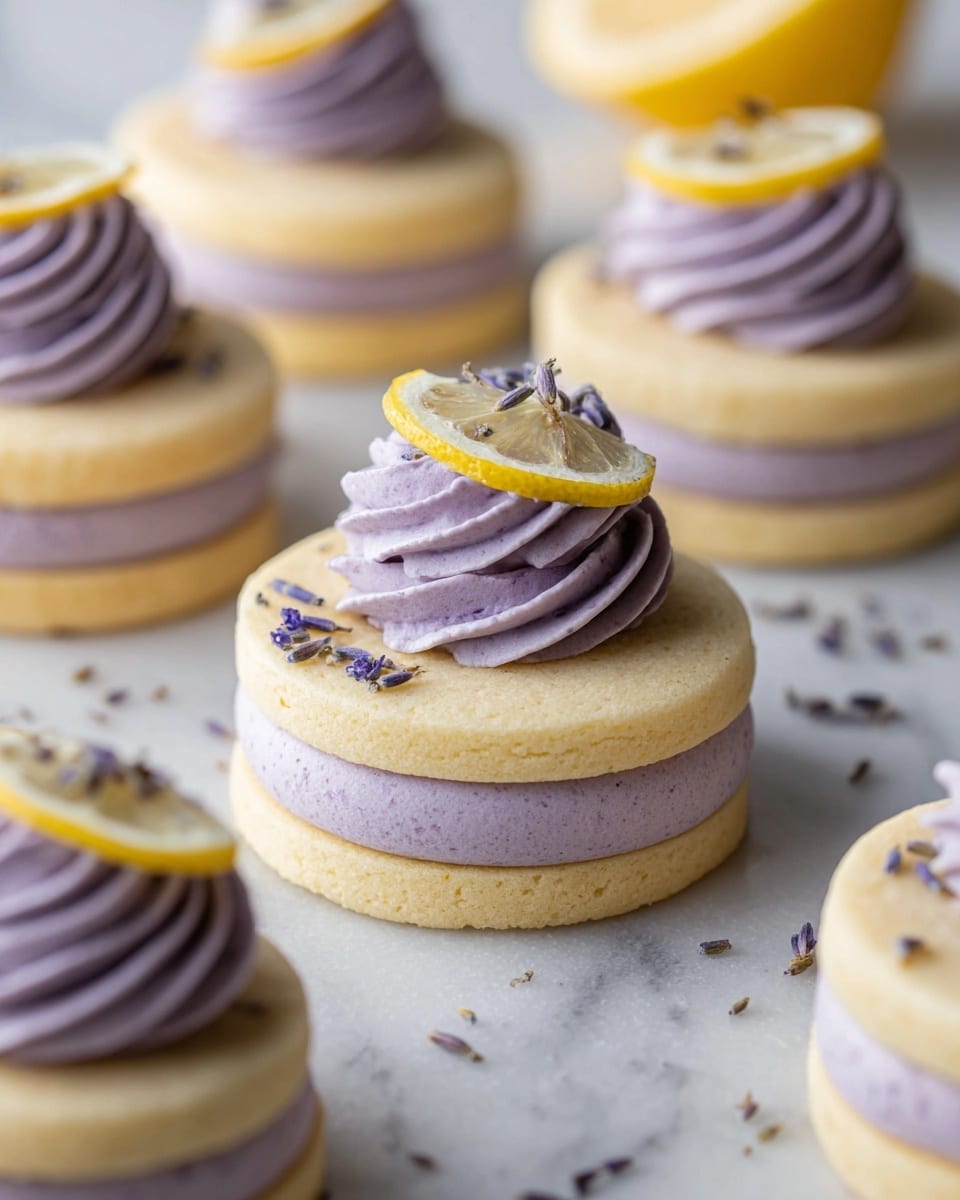 The image shows several round two-layer cookies on a white marbled surface. Each cookie has two light yellow cookie layers sandwiching a thick layer of light purple cream in the middle. On top of each cookie, there is a swirl of the same light purple cream, crowned with a small dried lemon slice and a few tiny purple lavender buds sprinkled around. The texture of the cookies looks smooth and slightly crumbly, while the cream is soft and fluffy. Small lavender buds and lemon slices are scattered on the surface around the cookies, adding color and detail. photo taken with an iphone --ar 4:5 --v 7