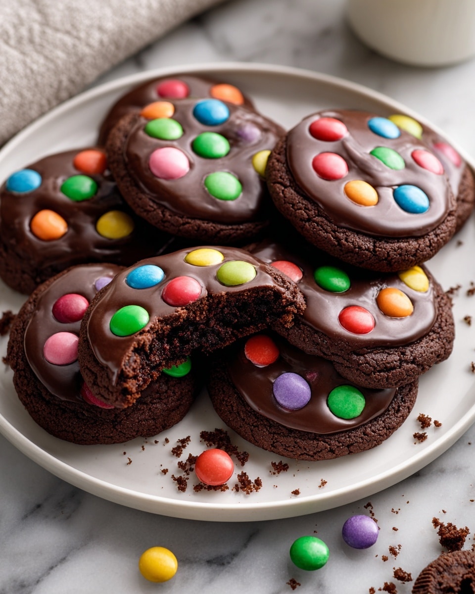 A white plate holds seven thick, round chocolate cookies, each topped with a shiny layer of dark chocolate glaze and decorated with colorful candy spots in red, green, orange, yellow, purple, blue, and pink. The cookies have a rich, dark brown base with one cookie partly eaten to show its soft, crumbly inside. Some loose candy spots are scattered nearby on a white marbled surface, along with cookie crumbs. Photo taken with an iphone --ar 4:5 --v 7